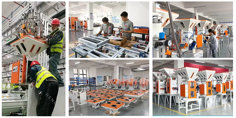 Technicians assembling and testing gravimetric batch blenders in a modern manufacturing workshop.