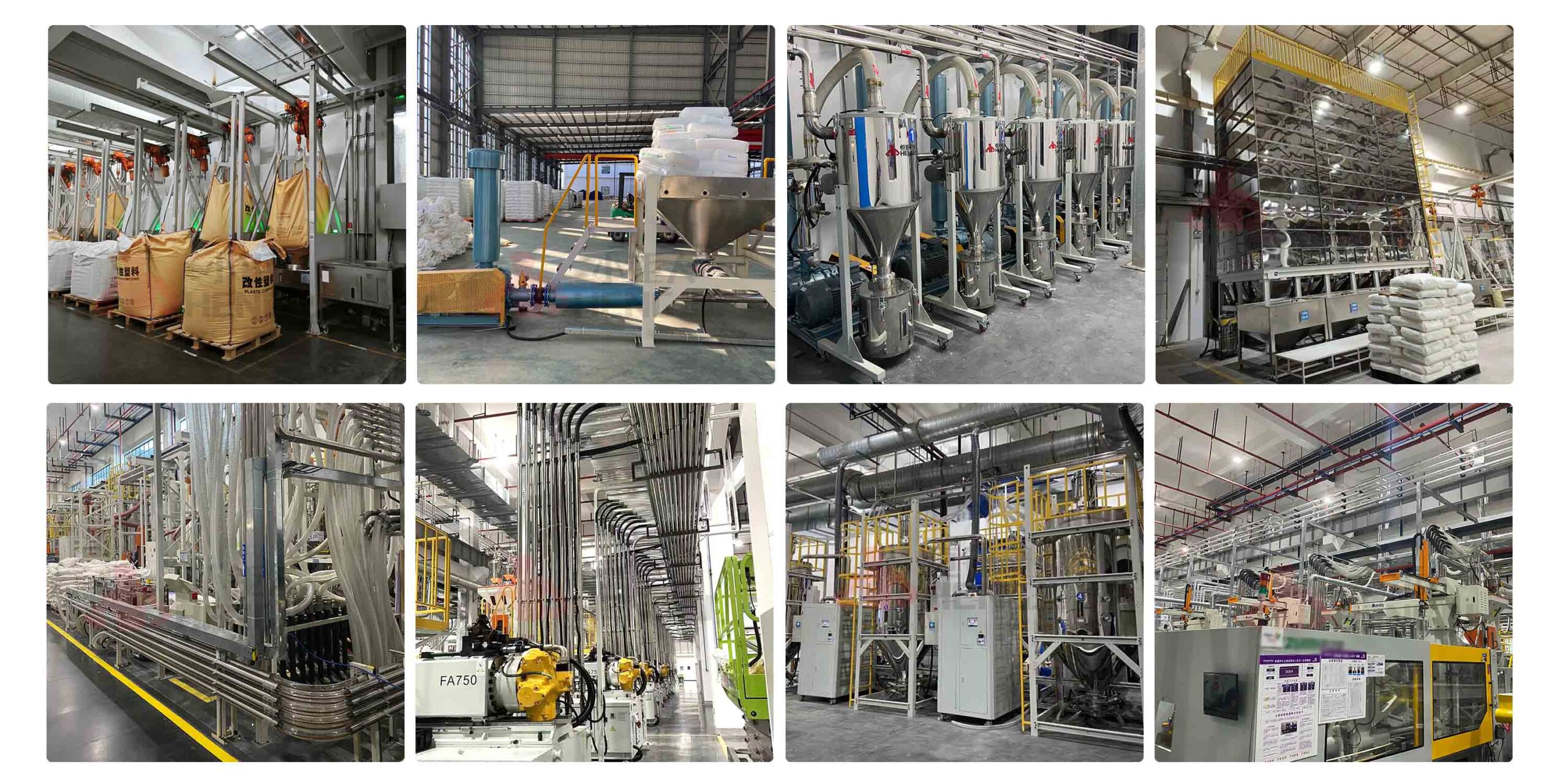 Central feeding system components for injection molding, including Big Bag Unloading Station , silos, conveying, blending, and drying units
