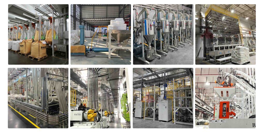 Central feeding system components for injection molding, including bag dumping, silos, conveying, blending, and drying units