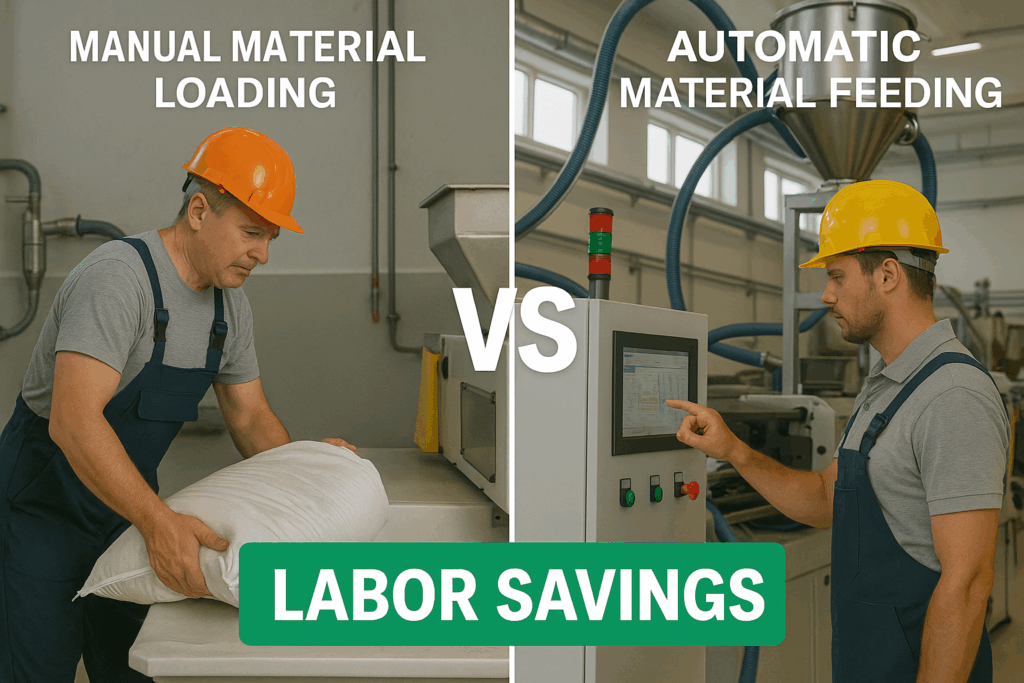 Comparison between color inconsistency caused by manual mixing and uniform product quality achieved with a central feeding system.